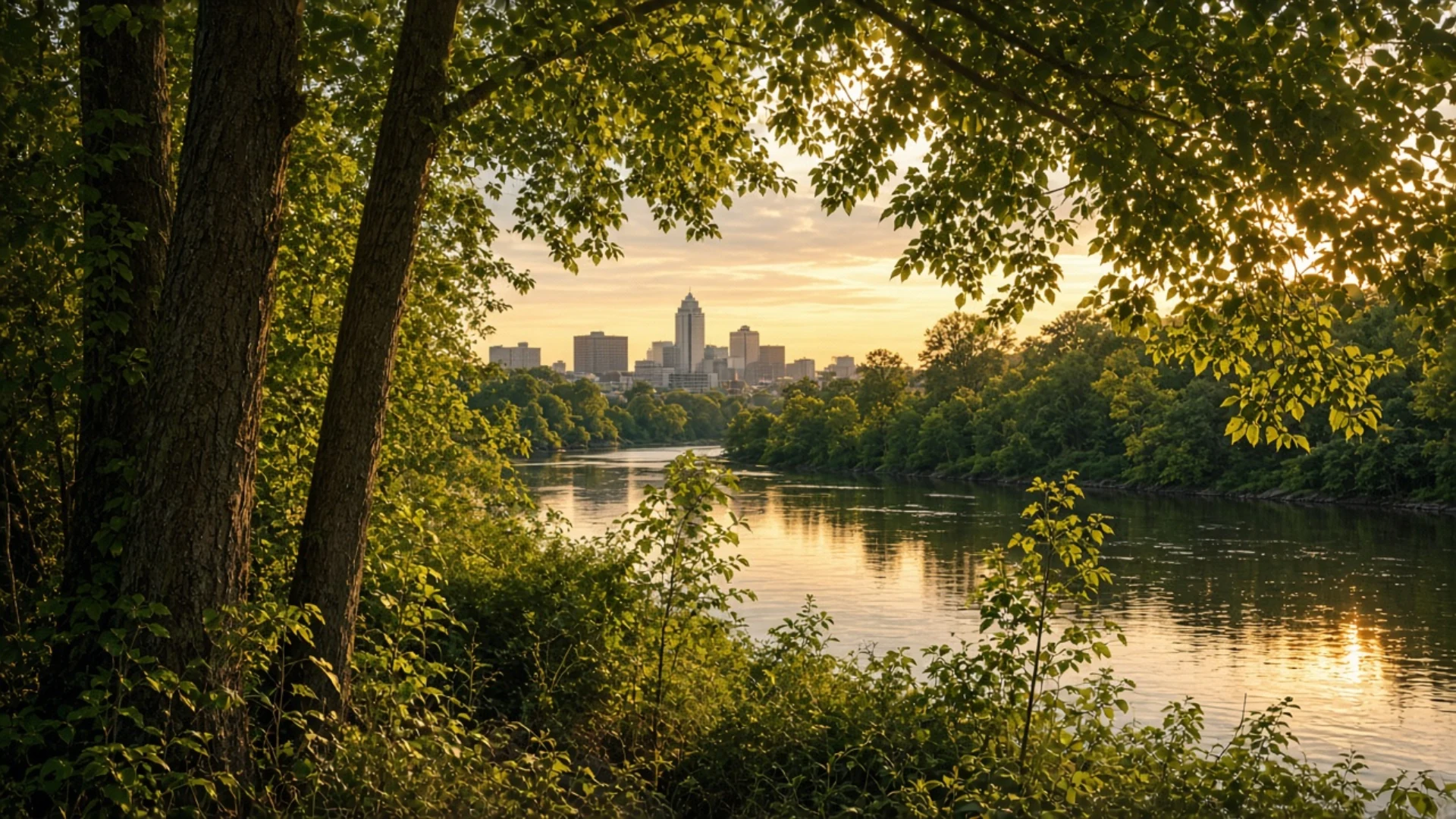 Cedar Rapids riverside woods with a soft glow and the skyline beyond