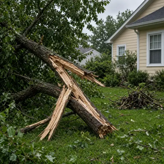 Fallen storm-damaged limb on a residential lawn