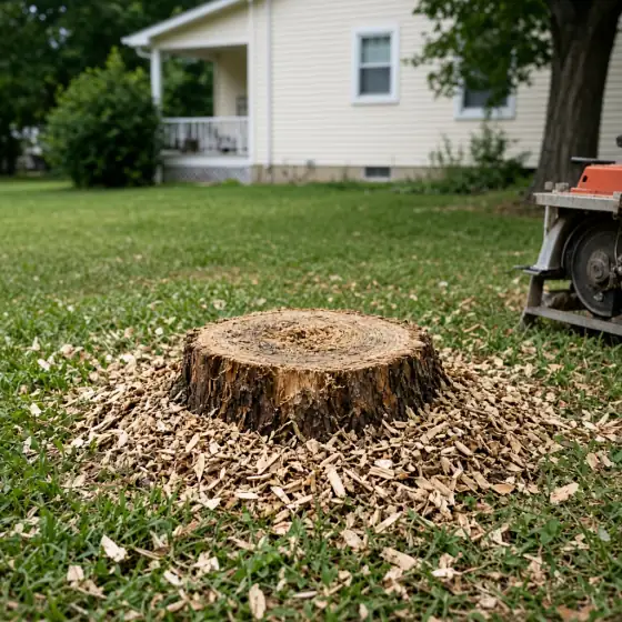 Tree stump being ground with wood chips around it